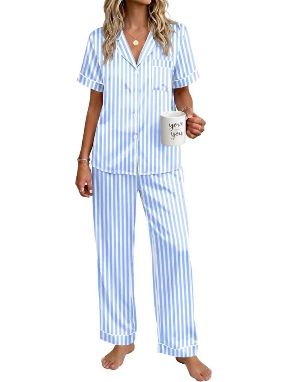 Women's Blue Polyester Short Sleeve Button Down Loungewear Satin Pajama Set